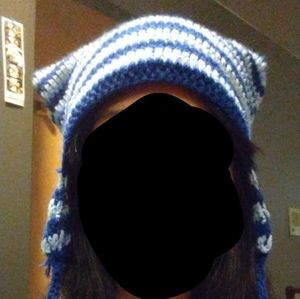 Blue striped cat ear beanie with star tassels